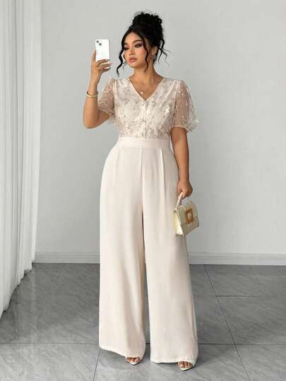 Elenzga Plus Size Women's Beige Summer Elegant Wedding Jumpsuit,Embroidered Mesh Patchwork Short Sleeve Palazzo Rompers Bridal Shower Outfit Lace Jumpsuit