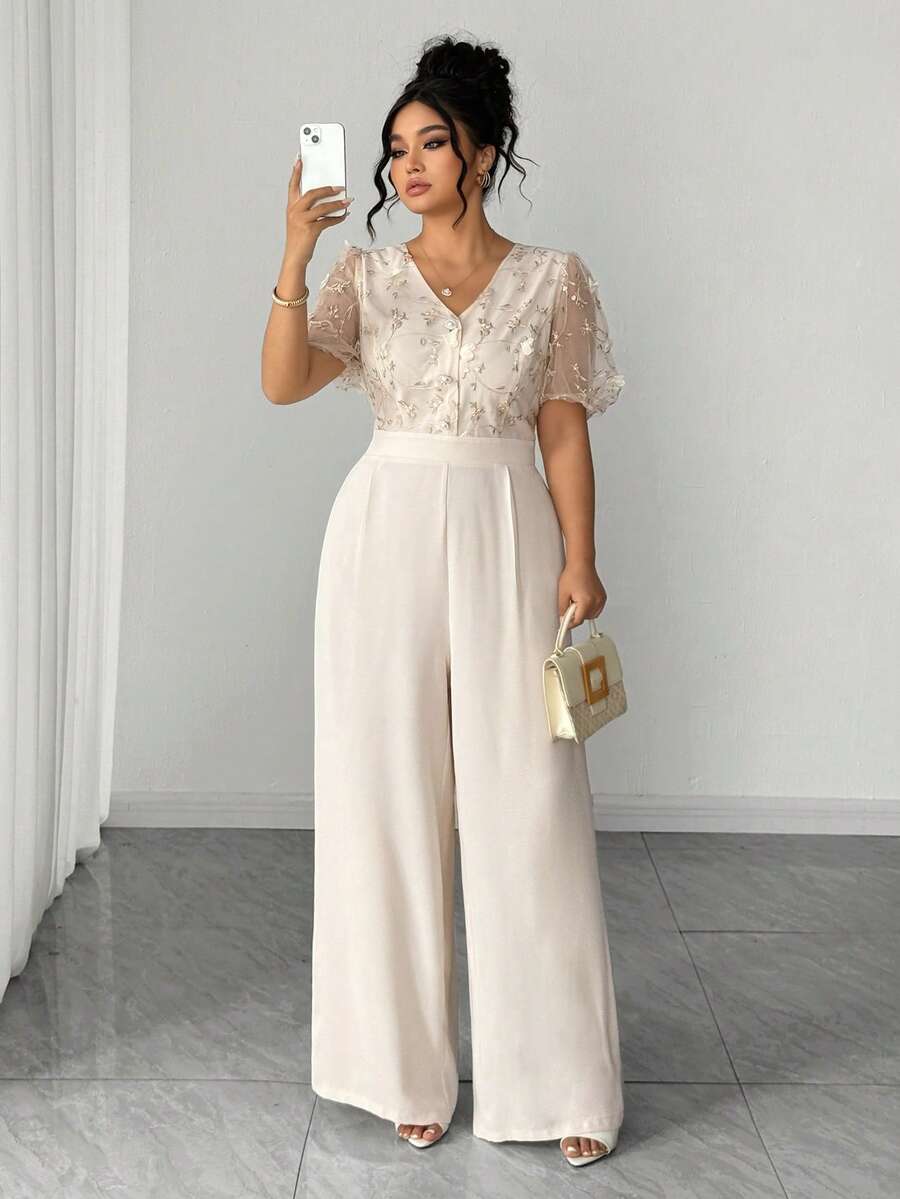 Elenzga Bộ áo liền quần tay ngắn cỡ lớn dành cho nữ, phối lưới thêu, có cúc, các mảng thêu và chi tiết lưới. - Màu be - Xem 1