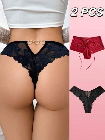 2条优雅纯色蕾丝性感丁字裤