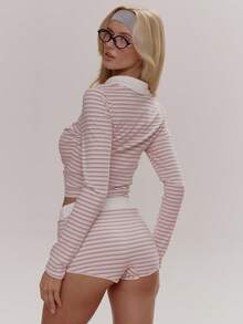 MUSERA Pink Stripe Autumn Cute Loungewear Picot Trim Collared Button Through Fitted Longsleeve Top With Mini Shorts Coord Sold As Set Girly Daily - Pink - View 4