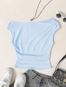 SHEIN 青少年女孩修身休閒不對稱肩紋理布料背心上衣 - 淺藍色 - 查看 4