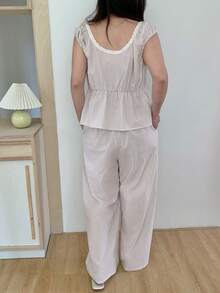 Dazy Plus Plus Size Women Striped Front Tie Top And Pants Pajama Set - Khaki - View 8