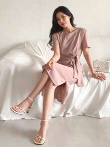 DAZY Women's Pink Round Neck Waist Cinched Mid-Length Dress - Pink - View 3