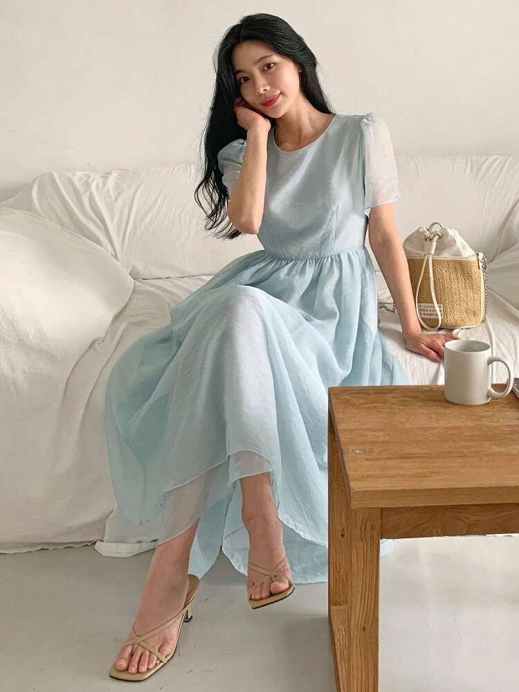 Women's Blue Mesh Double Layer Cinched Waist Mid-Length Dress Summer Sundress