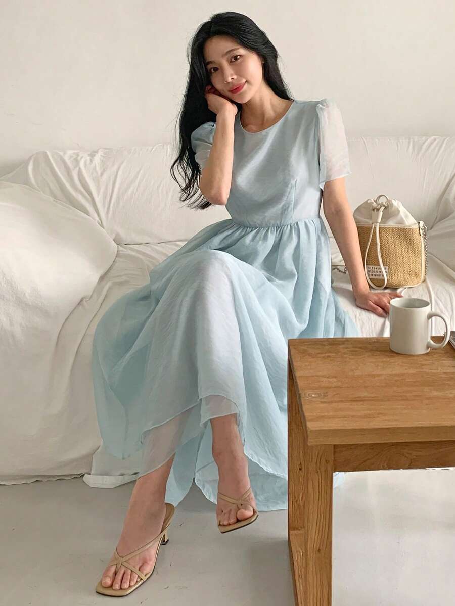 DAZY Đầm mùa hè nữ màu xanh dương, hai lớp vải lưới, eo thon, dáng dài đến đầu gối. - Màu xanh lam - Xem 1