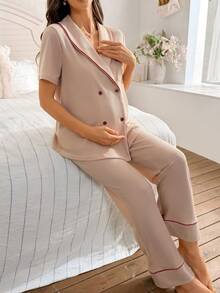 Moonlight&Mama Bộ đồ ngủ bà bầu 2 món, cổ ve áo phối màu tương phản, cài khuy đôi, tay ngắn, dáng rộng. - Màu Khaki - Xem 7