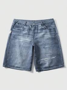 ROMWE MEN Men's Letter & Skull Print Pocket Casual Denim Shorts - Blue - View 2