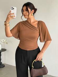 Firerie Plus Size Women Summer Minimalist Ruched Asymmetrical Shoulder Tight Top - Brown - View 1