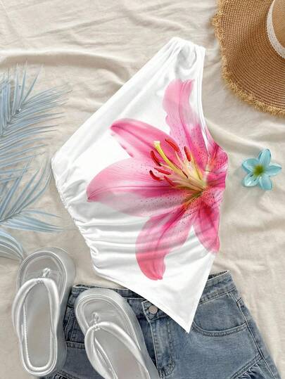 SHEIN Camiseta de tirantes con estampado floral de dobladillo asimétrico, ajustada y cómoda, de estilo minimalista casual para niña preadolescente