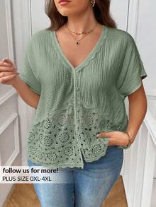 SHEIN Frenchy Áo kiểu mùa hè cỡ lớn, màu trơn, tay cánh dơi, phối ren. - màu xanh lá - Xem 1