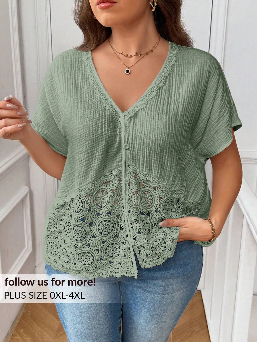 SHEIN Frenchy Áo kiểu mùa hè cỡ lớn, màu trơn, tay cánh dơi, phối ren. - màu xanh lá - Xem 1