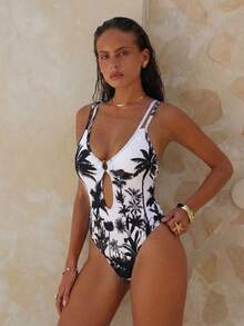 Swim Chiccia Áo tắm liền thân hở lưng in hình cây dừa nhiệt đới dành cho nữ, dây đeo vai có thể điều chỉnh, tôn dáng, thích hợp cho kỳ nghỉ biển và mùa hè. - Nhiều màu - Xem 3