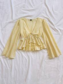 Soleia Women's Striped Front Tie V-Neck Flare Sleeve Ruffle Hem Blouse - Light Yellow - View 6