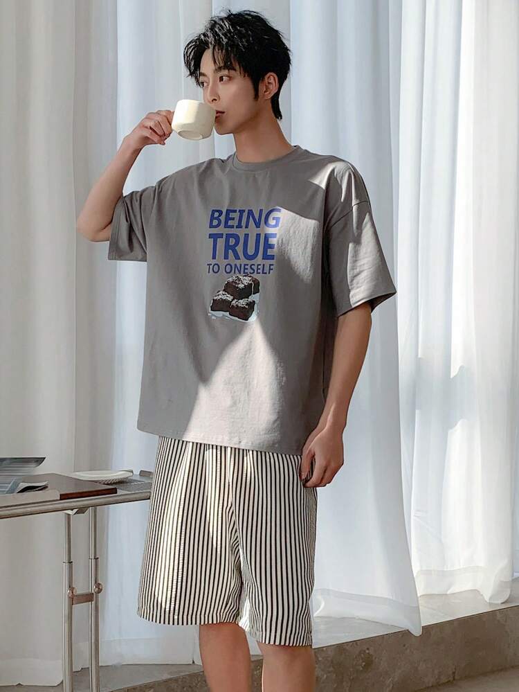 Men's Summer Letter Print Casual Short Sleeve Grey T-Shirt And Shorts Pajama Set