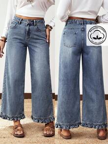 EMERY ROSE Plus Size Women Street Casual Comfortable Mid-Blue Non-Stretch Ruffle Hem Straight Leg Jeans - Medium Wash - View 1