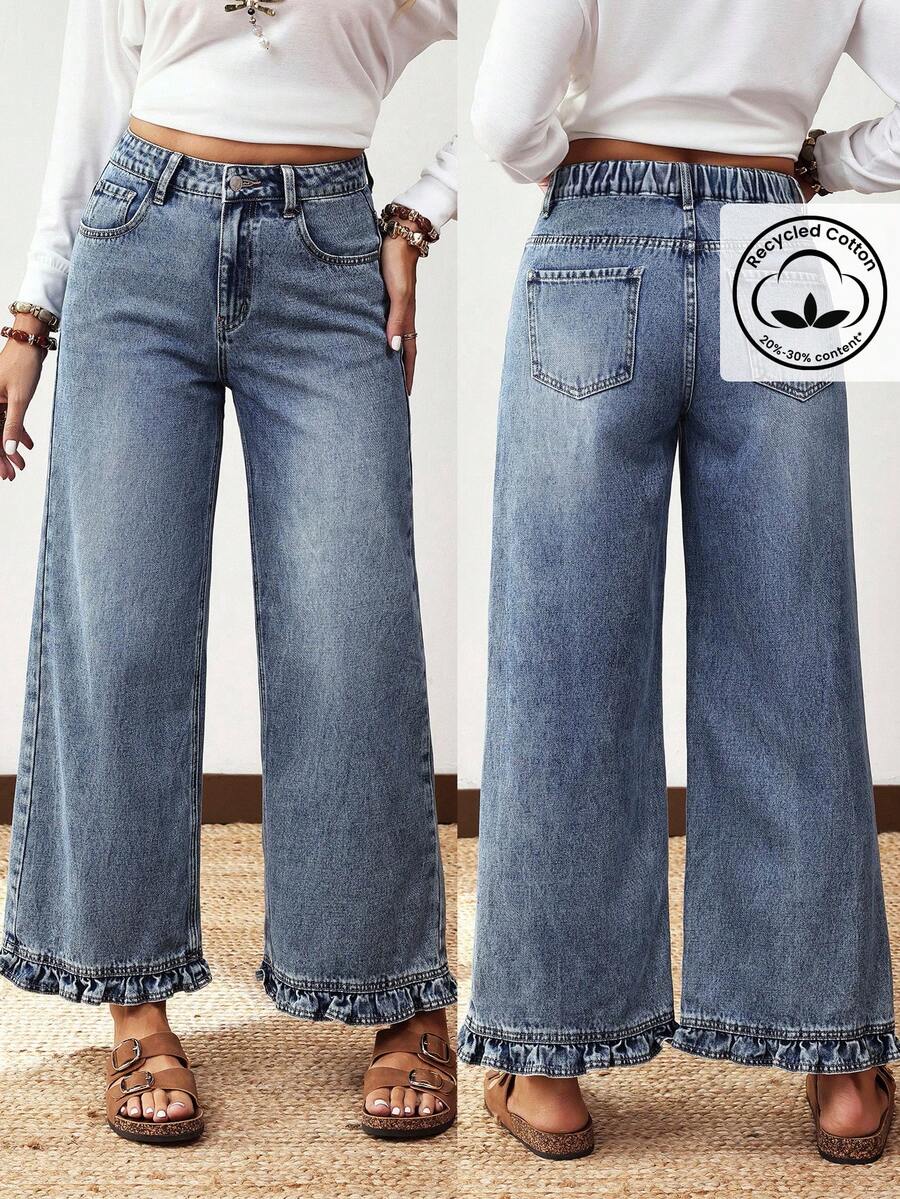 EMERY ROSE Plus Size Women Street Casual Comfortable Mid-Blue Non-Stretch Ruffle Hem Straight Leg Jeans - Medium Wash - View 1