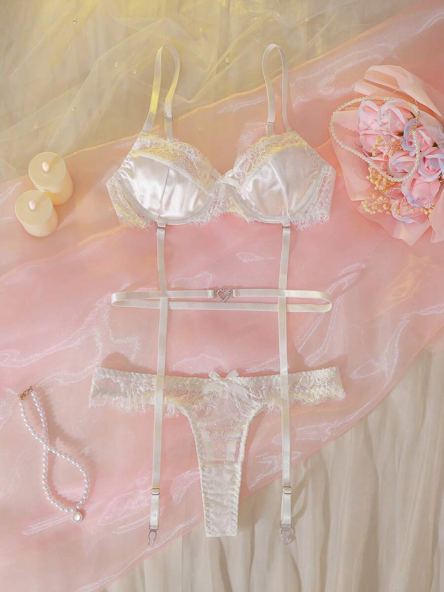 DelicateAllure 2pcs Women Lace Eyelash Patchwork Satin Ribbon Heart Contrast Color Set Wedding Lingerie For Bride White Lace Lingerie Lingerie For Women Adult - White - View 1