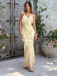 Aloruh Đầm đi biển dáng ôm thanh lịch dành cho nữ, có viền bèo nhún và họa tiết hoa. - Nhiều màu - Xem 8