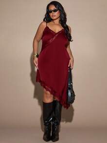 SHEIN BAE 大码宽松方肩修身半身裙垂褶环扣细节T恤裙街头风可爱优雅休闲性感秋季外出太妃糖色鸡尾酒裙，适合圣诞节、情人节、感恩节等场合，优雅连衣裙，棕色连衣裙 - 酒紅色 - 查看 7