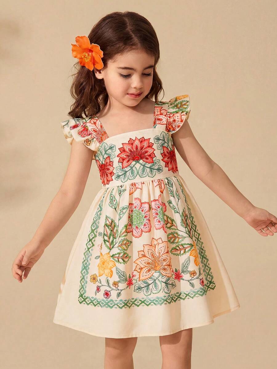 Travachic KIDS Young Girl Cute Floral Print Cap Sleeve Summer Vacation Dress - Apricot - View 1