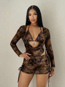 Sirith 4件套女士深V领网纱裙性感动物纹比基尼泳衣，沙滩装，春夏款 - 棕色 - 查看 5