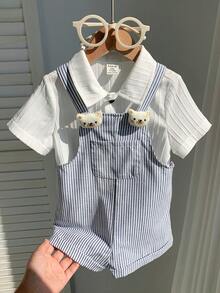 SHEIN Newborn Baby Boy Cute Summer Holiday Striped Cartoon 3D Bear Suspender Romper - Multicolor - View 7