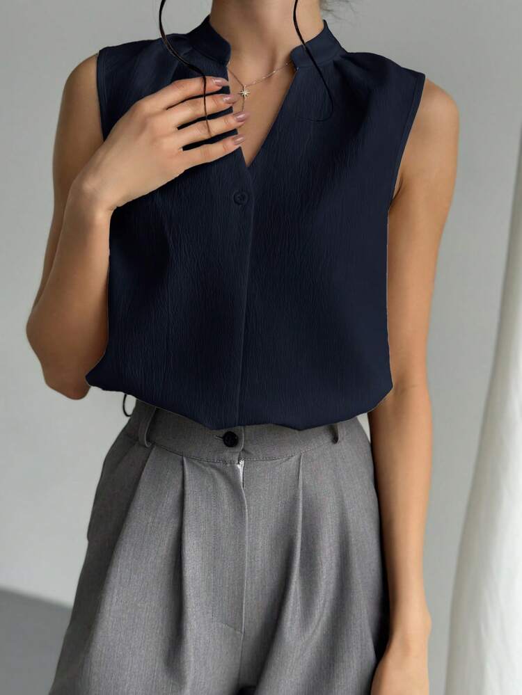 Firerie Blusa minimalista de escote en V para mujer, elegante y chic para la oficina - Azul Marino - Añade 4