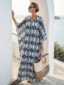 Breezaya 棉质印花复古宽松连衣裙，波西米亚风格假日连衣裙 - 藍色 - 查看 4