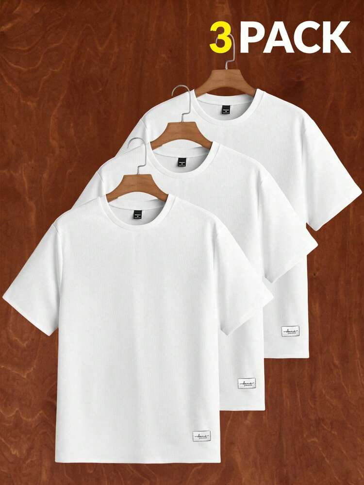 3pcs/Set Men's Casual Solid Color Short Sleeve T-Shirts, Summer   Multi-Piece Set  Daily Essential Wardrobe Staple Basic Style All-Match Style Go-To Piece Mix-And-Match Item Casual Versatile Style  Daily Essential Wardrobe Staple Basic Style All-Match Style Go-To Piece Mix-And-Match Item Casual Versatile Style  Horse Print Mini Floral Print Pattern Men T Shirt Pack Double Side Men Tshirts Basic Tees