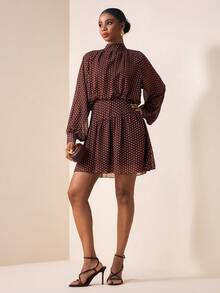 Zivah 2026 Spring/Summer New Music Festival, Easter, St. Patrick's Day, Valentine's Day, Date, Western, Nomadic, Birthday Party, Graduation, College, Student, Daily Wear, Basic Versatile, Casual, Vacation, Cruise Travel, Beach, Sunbathing, Viral , Streetwear, Wedding Guest Boho, Commute, Brunch, Airport, Party, Holiday Outing, Office Wear Brown Mini Dress With Stand Collar, Ruffle, Pleated, Mesh Polka Dot A-Line Long Sleeve - Brown - View 5