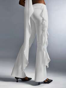 Amplova Bộ đồ 2 món thời trang áo crop top và quần ống loe thiết kế dây nhún màu trơn dành cho nữ - trắng - Xem 5