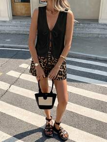 Easowa 2pcs Women Leopard Print Contrast Color Vest Cardigan Top And Shorts Set, Suitable For Spring/Summer,Casual - Multicolor - View 5