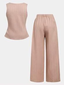 SHEIN 少女春夏休闲优雅通勤U领纽扣前襟撞色蝴蝶结装饰背心及配套长裤两件套，卡其色 - 卡其色 - 查看 3