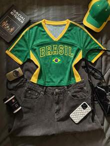 SHEIN EZwear Women's Casual V-Neck Loose Cropped 5/8 Sleeve Mesh T-Shirt, Suitable For Summer, Suitable For Ball Games, Women's Raglan Sleeve Knit T-Shirt, Fan Merchandise, Sports Team Culture, Game Viewing, Yellow And Green Striped Casual Jersey, Sports Casual Mixed T-Shirt For Women - Multicolor - View 6