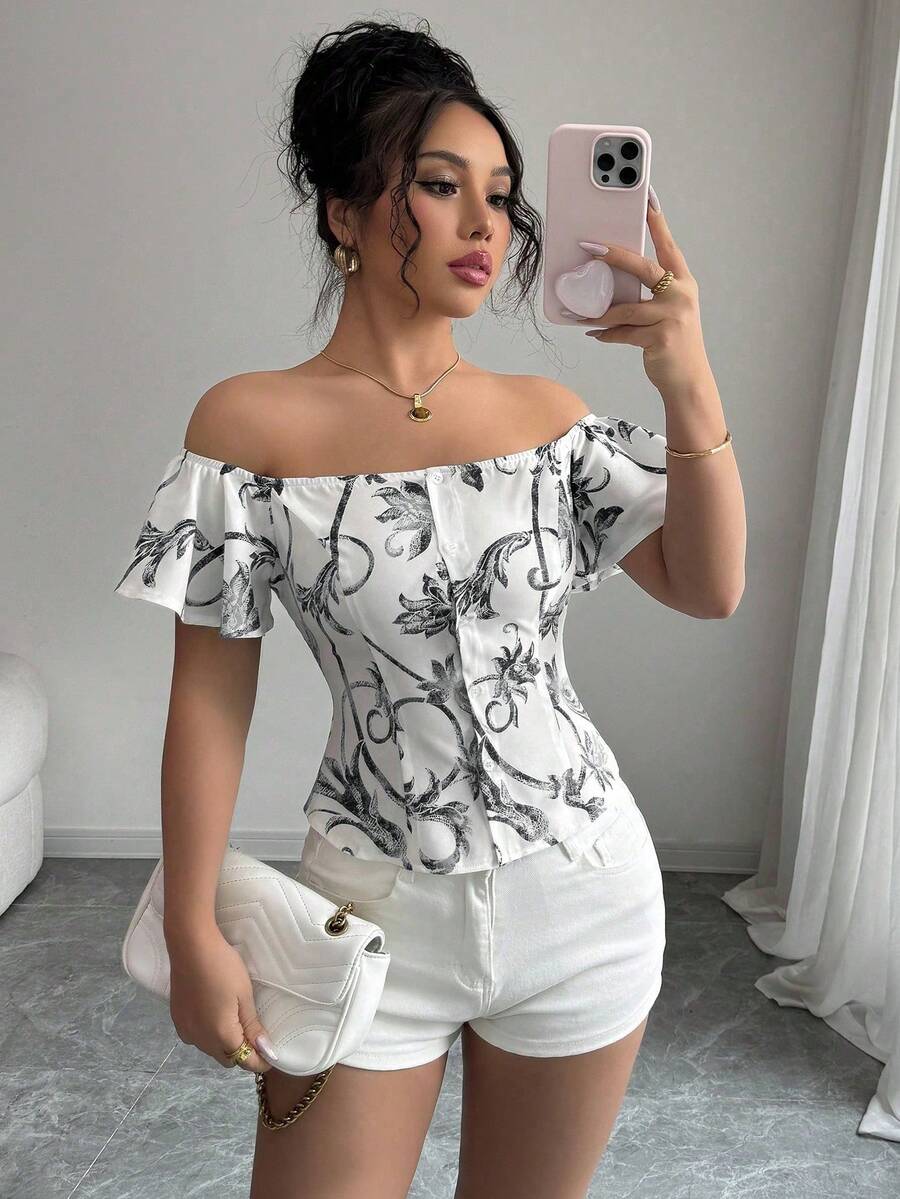 Elenzga Women's Summer Vacation, Floral Print Off Shoulder Ruffle Blouse Off Shoulder Tops For Women Off Shoulder Shirts - Black - View 1