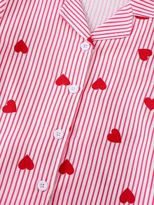 Conjunto de 2 piezas con cárdigan de manga corta con estampado de fresa y cuello con volantes para niñas pequeñas, conjunto de pijama a rayas con corazones para niñas, conjunto de ropa de estar en casa holgado con dobladillo con volantes y bloques de color para niñas, conjunto de 2 piezas con estampado de corazón dulce para niñas - Rosa - Ver 4