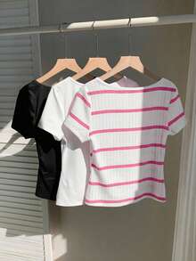 Comfortcana 3件套女士基础款圆领短袖T恤，黑白配色 - 粉色 - 查看 2