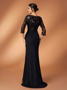 Serin 优雅奢华的珍珠亮片刺绣蕾丝贴花薄纱袖针织网纱荷叶边鱼尾连衣裙，适合婚礼、派对、节日、新娘、新娘母亲、晚礼服等场合。 - 黑色 - 查看 3