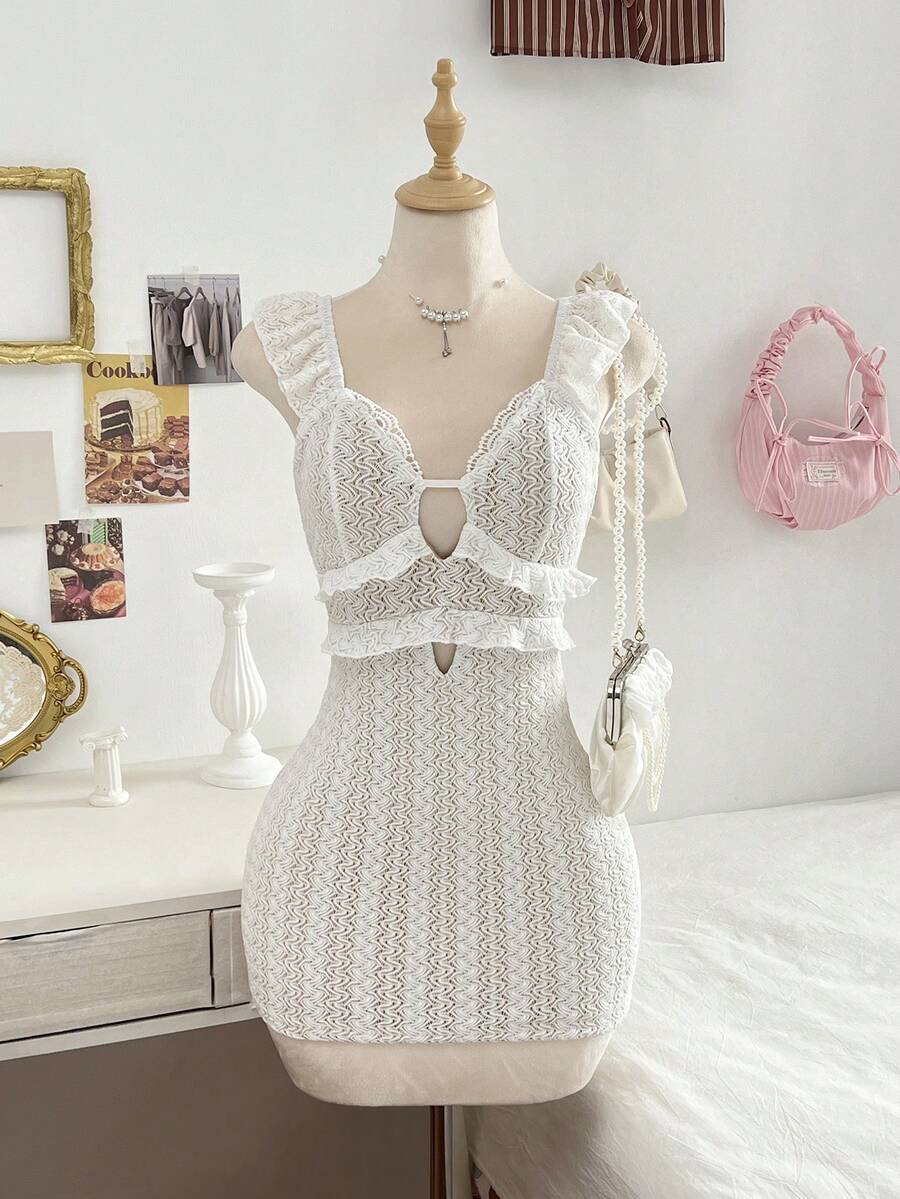 Elamini 女士深V领纹理面料荷叶边下摆修身连衣裙 - 白色 - 查看 1