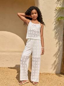 Tween Girls' 3D Bow Hollow Out Camisole & Pants Set, Fashionable Vacation & Casual Wear, Summer - White - View 1
