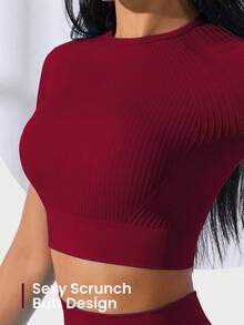 SHEIN Core Rhythm High Stretch Seamless Women's Short Sleeve Top And High Waist Long Pants Sports Suit Women S Athletic Sets Workout Clothes Women Workout Rompers Jumpsuits Women Clothing Athletic - Burgundy - View 3