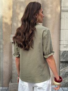 Solivie 女士优雅刺绣衬衫，春夏短袖衬衫，度假优雅波西米亚风夏季外出上衣 - 綠色 - 查看 2