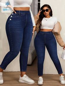 SHEIN SXY Quần jean skinny cỡ lớn dành cho nữ, có chun co giãn và cúc cài bên hông. - Màu xanh lam - Xem 1
