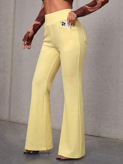 SHEIN Essnce High Waist Flare Leg Casual Pants With Slant Pockets For Women, Solid Color