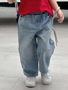 DAZY Young Boy Elastic Waist Pocket Loose Wide Leg Casual Jeans - Blue - View 5