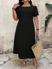 Elenzga Plus Size Women Halter Neck Short Sleeve Bodycon Dress - Black - View 7