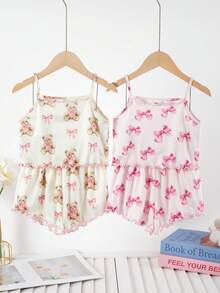4pcs Girls Cute Bear & Bow Print Camisole & Shorts Pajama Set - Multicolor - View 1