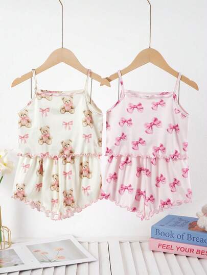 4pcs Girls Cute Bear & Bow Print Camisole & Shorts Pajama Set
