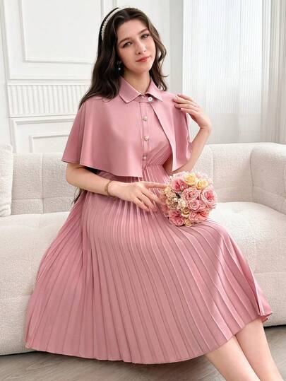 SHEIN 2 Pieces Set: Retro Elegant Shawl Collar Buttoned Top & Pleated Hem Dress For Teen Girls