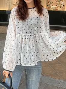 FRIFUL Women's Solid White Sheer Fabric Layered Polka Dot Textured Tie Neck Bow Loose Casual Blouse - White - View 6
